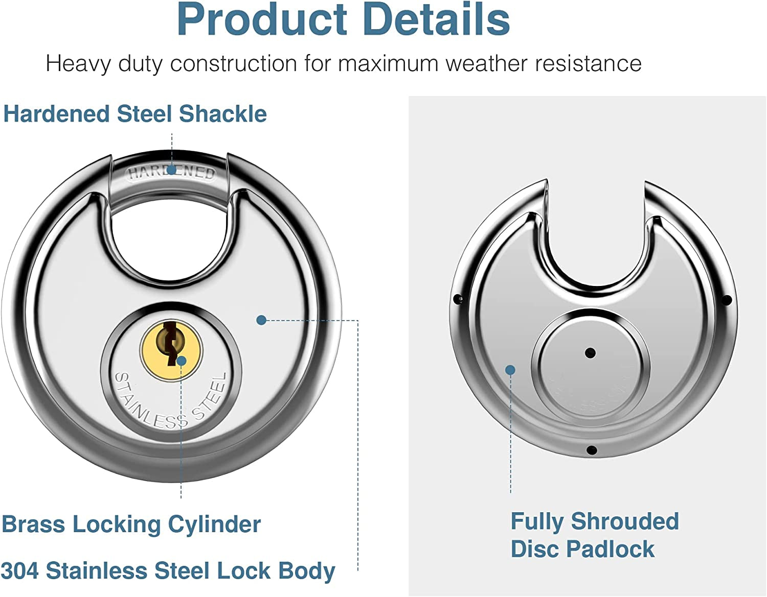 Keyed Padlock, Stainless Steel Discus Lock Heavy Duty Locks with 3 Keys, Waterproof and Rustproof Storage Lock with 3/8 Inch Shackle for Warehouse, Garage, Storage Locker, and Outdoors (1 Pack)