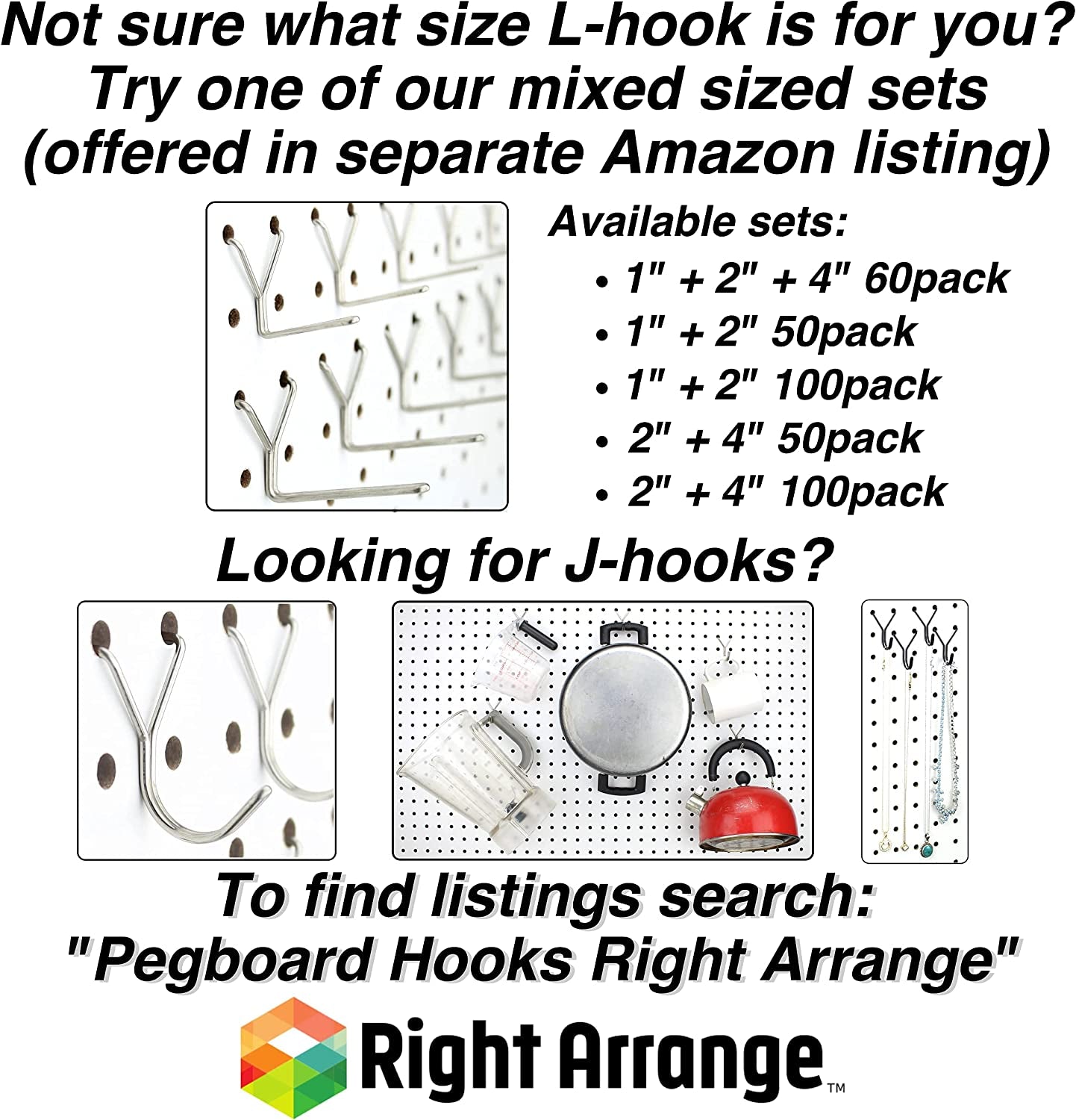 – Stainless Steel Pegboard Hooks 50-Pack 1" L Hook - Will Not Fall Out, Fits Any Peg Board - Organize Tools, Accessories, Workbench, Garage Storage, Kitchen, Crafts, Jewelry, Retail