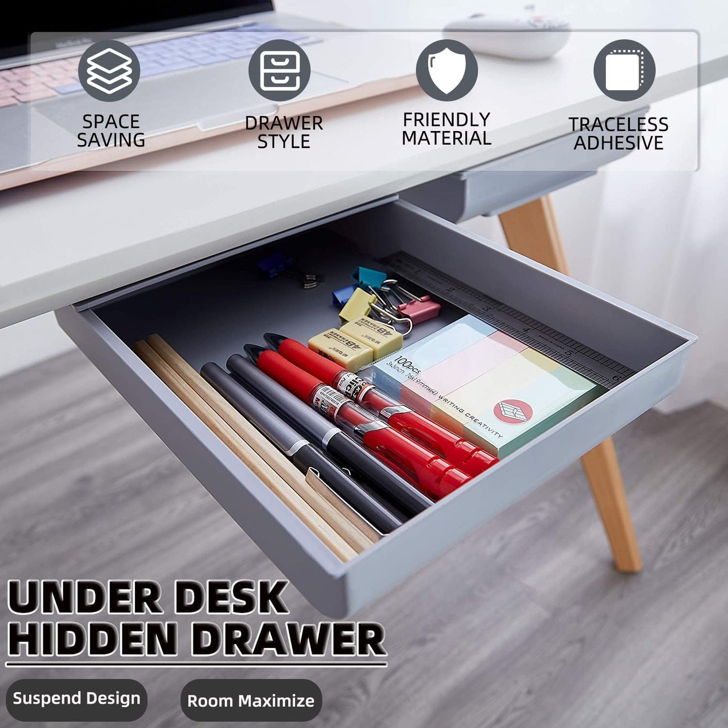 2-Pack Grey under Desk Drawer Organizer Slide Out Small Desk Drawer Attachment Tray, XL+L