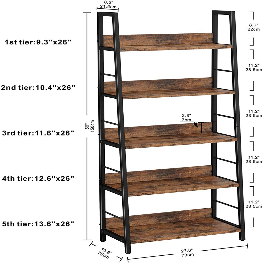 Bookshelves and Bookcases 5 Tiers Ladder Shelf Home Office, Rustic Brown