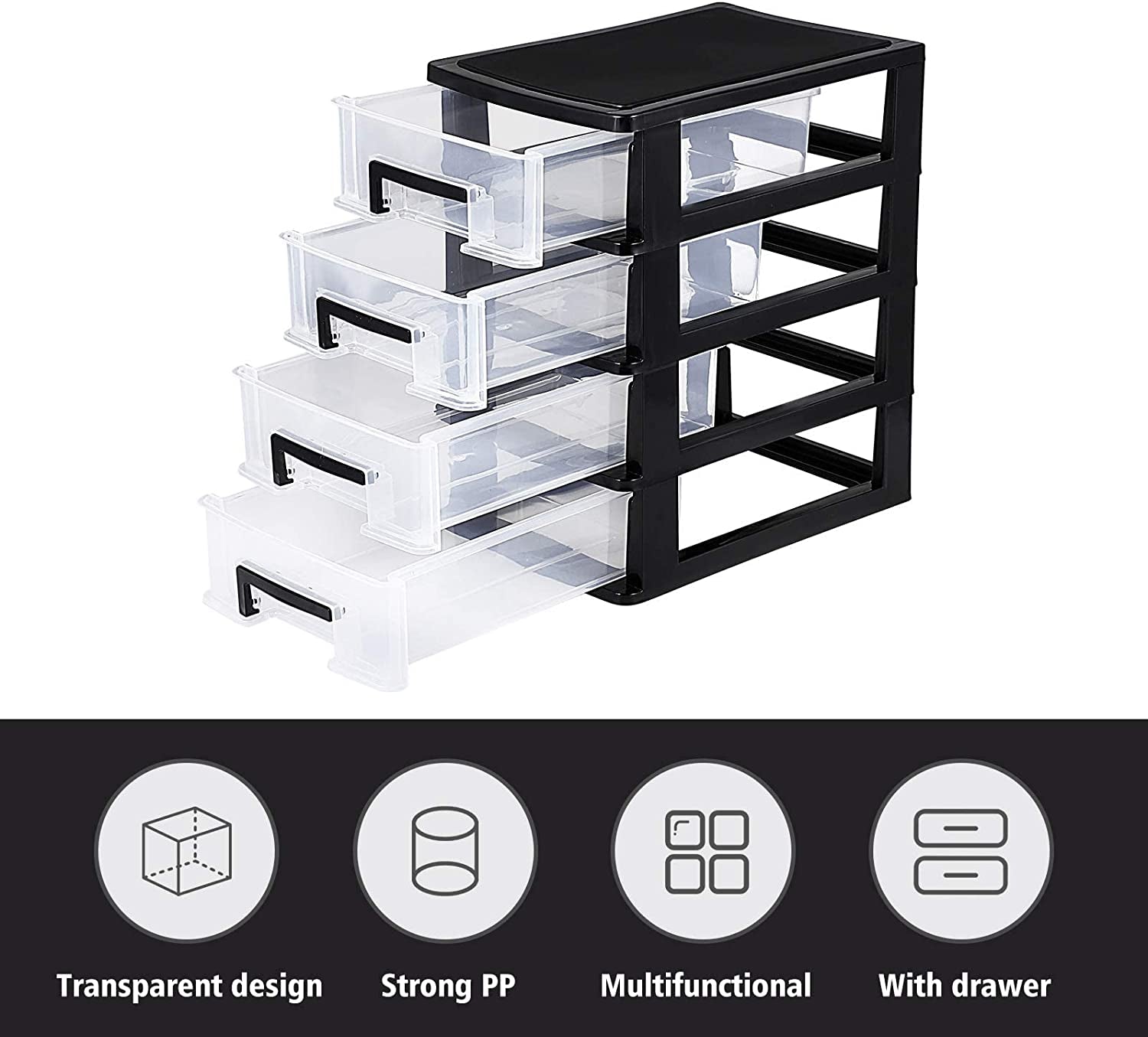 4 Drawer Desktop Storage Organizer,Plastic Containers Storage Organizer Dresser Organizer Home Dresser (Black and Transparent)