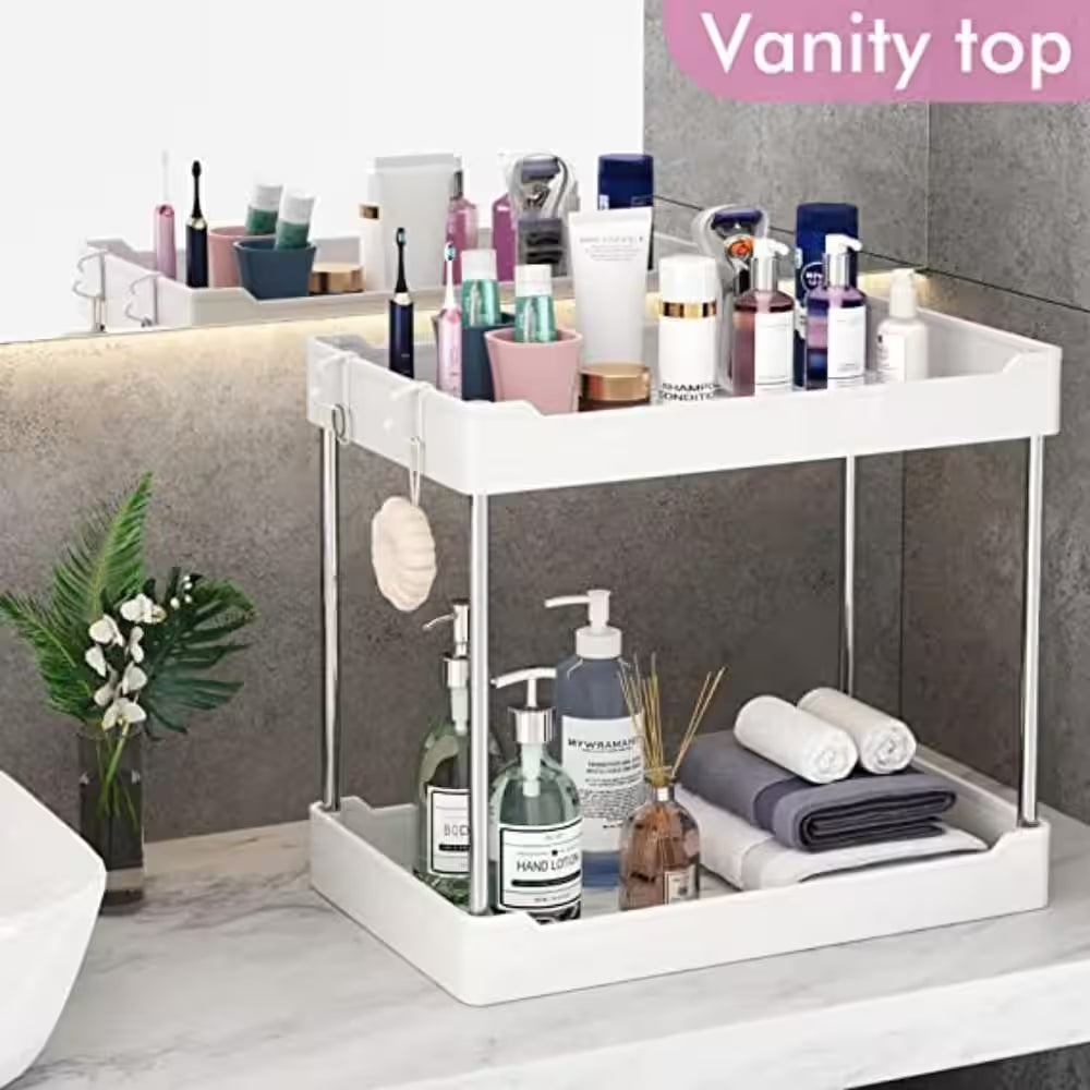 Under Sink Organizer, 2-Tier Bathroom Cabinet Organizer, (White) Pantry Organizers