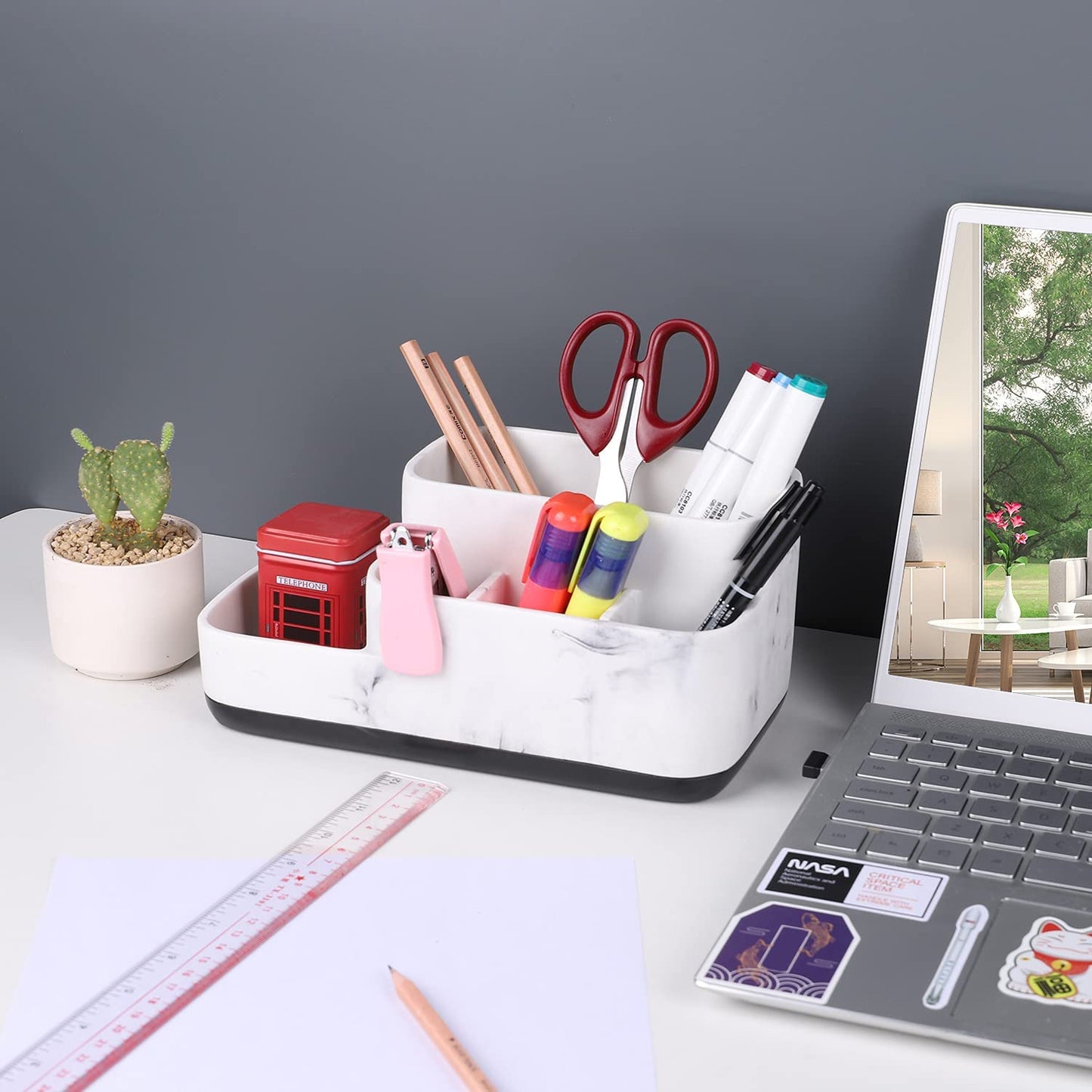 Toothbrush Holders Organizer - Make up Organizers and Storage, Multi-Functional Design Bathroom Organizer Toothbrush - Skincare Organizer - White Marble Look Bathroom Sink Organizer